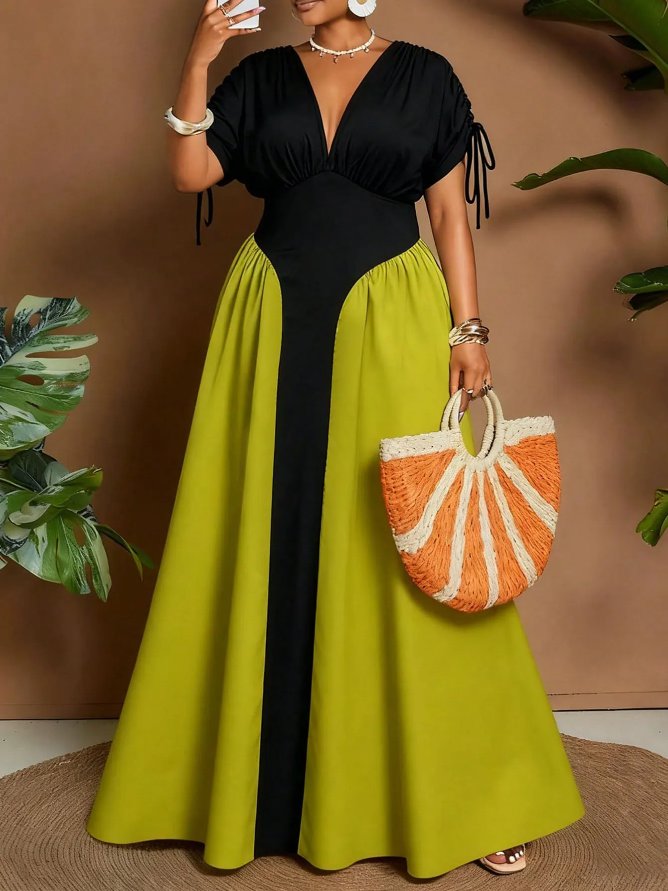 Women Plus Size Contrast Color Patchwork Maxi Dress Elegant V-Neck Smocked Waist Summer Short Sleeve Dress For Daily Party Holiday