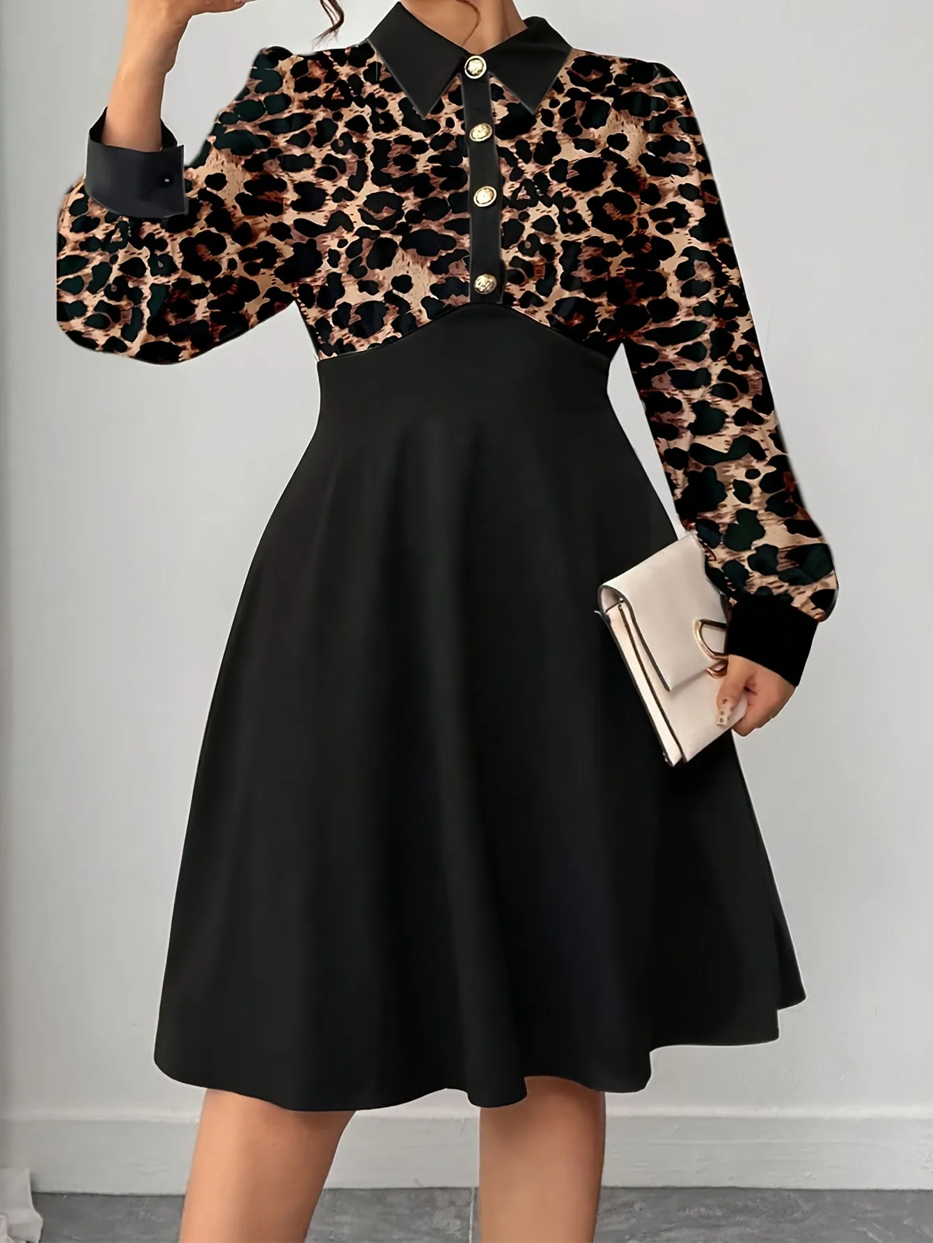 Women Plus Size Leopard Print Patchwork Dress Elegant Polo Neck Long Sleeve Midi A-Line Dress Casual Autumn Clothes