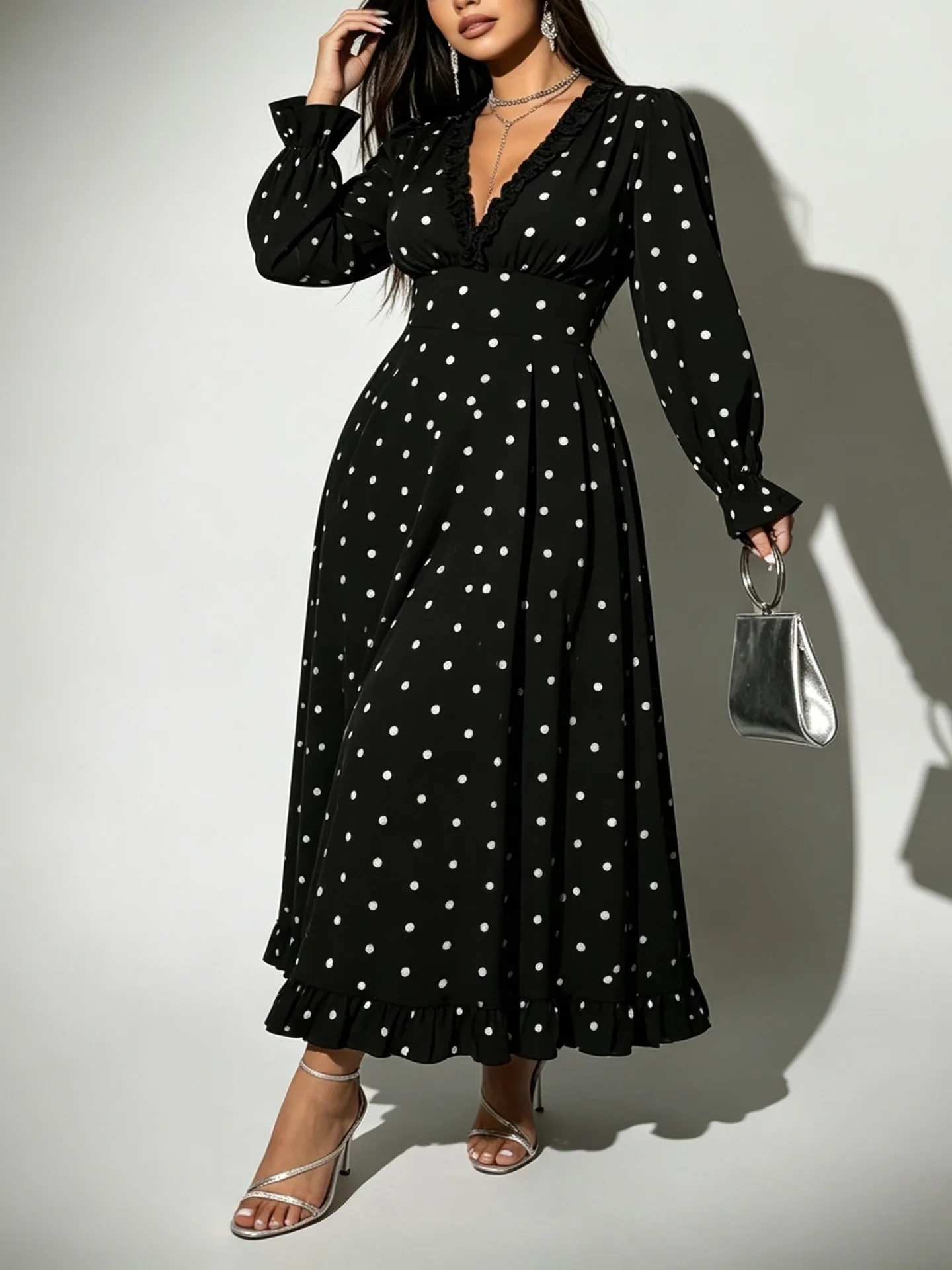 Women Plus Size Elegant V Neck Polka Dot Midi Dress Patchwork Ruffle Hem Long Sleeve Autumn Polyester Spandex Dress For Party Daily