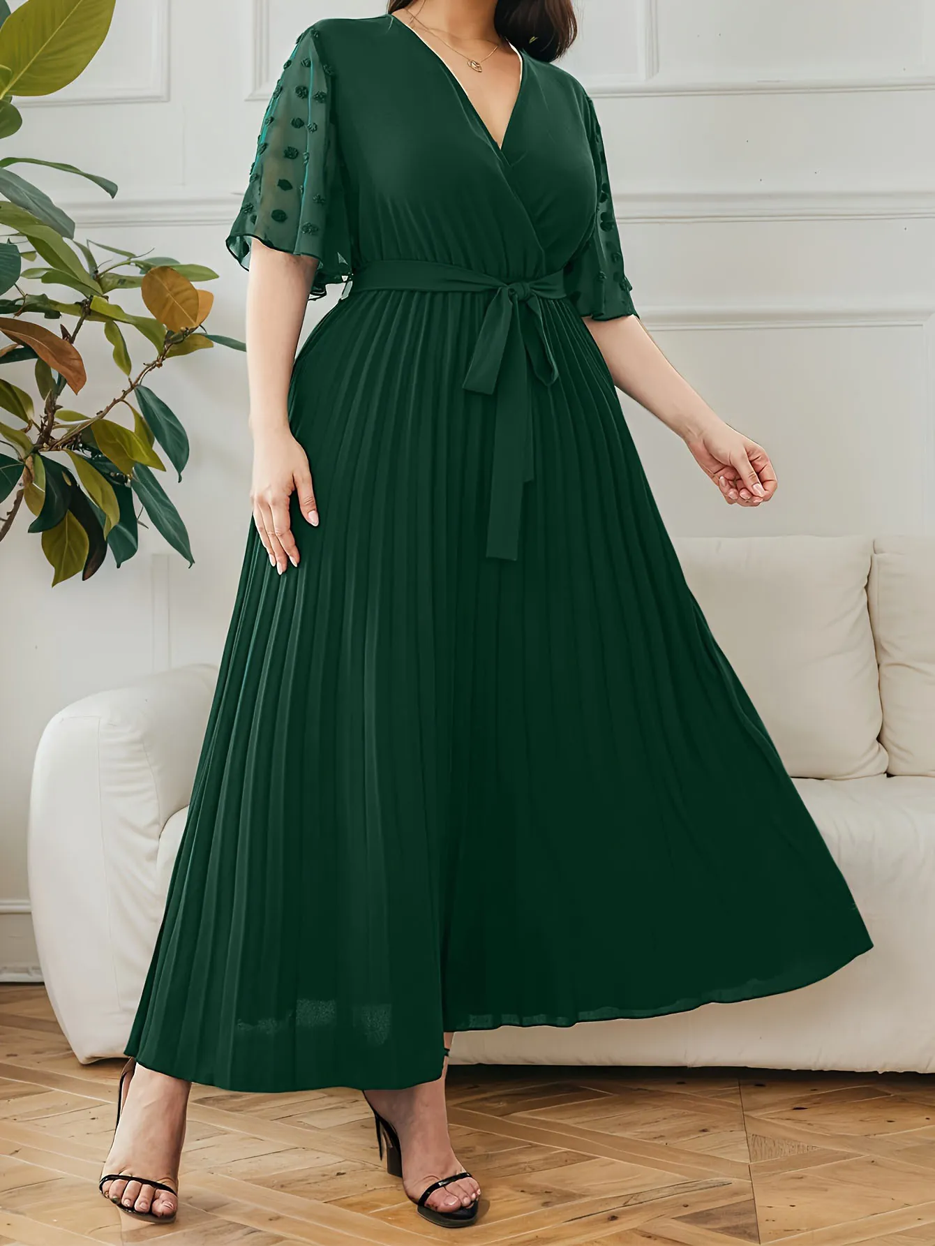 Plus Size Polyester Elegant V-Neck Pleated Patchwork Dress For Women Mesh Polka Dot Sleeve Summer Midi Dress Printed Casual Robe