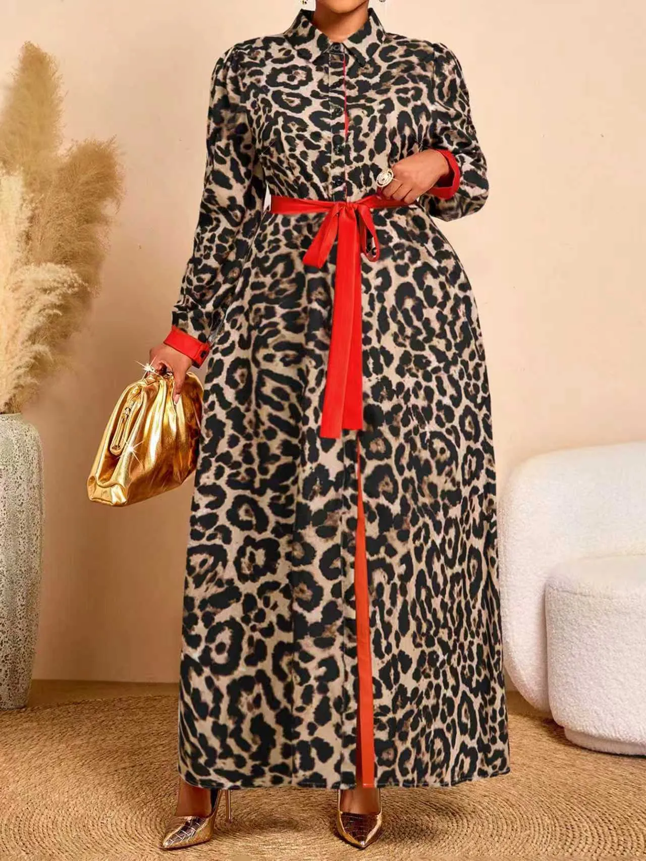 Vestido Midi de Talla Grande para Mujer con Estampado de Leopardo y Cuello Polo Con Patchwork Rojo Manga Larga Elegante Cinturón