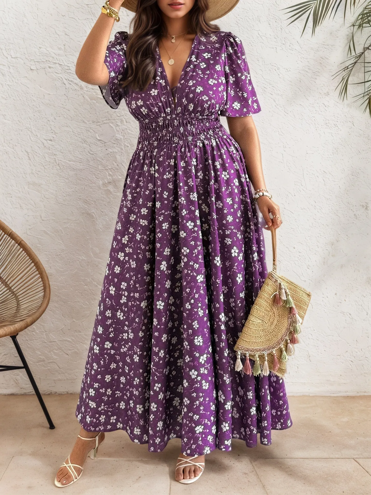 Damen Übergröße Blumen Midi Kleid V-Ausschnitt Elastische Taille Kurzarm Polyester Elegant Sommer Urlaub A-Linie Kleid