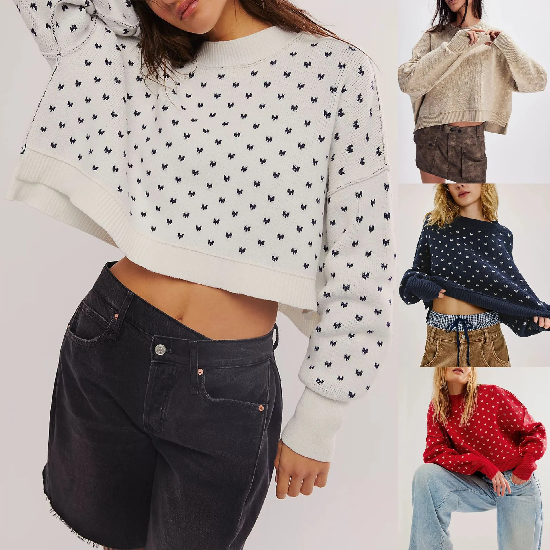 Women's Loose Cropped Butterfly Jacquard Knitted Sweater Round Neck Long Sleeve Acrylic Pullover Streetwear Casual Top