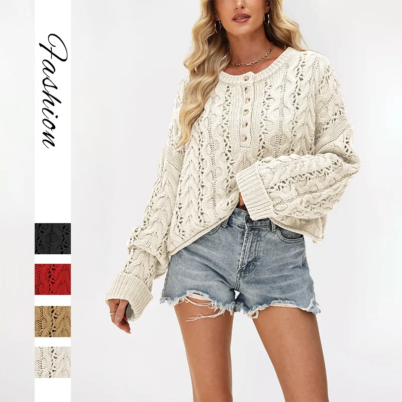 Women Cable Knit Sweater Button Up Round Neck Pullover Hollow Out Long Sleeve Loose Crop Knitted Top Casual Acrylic Jumper