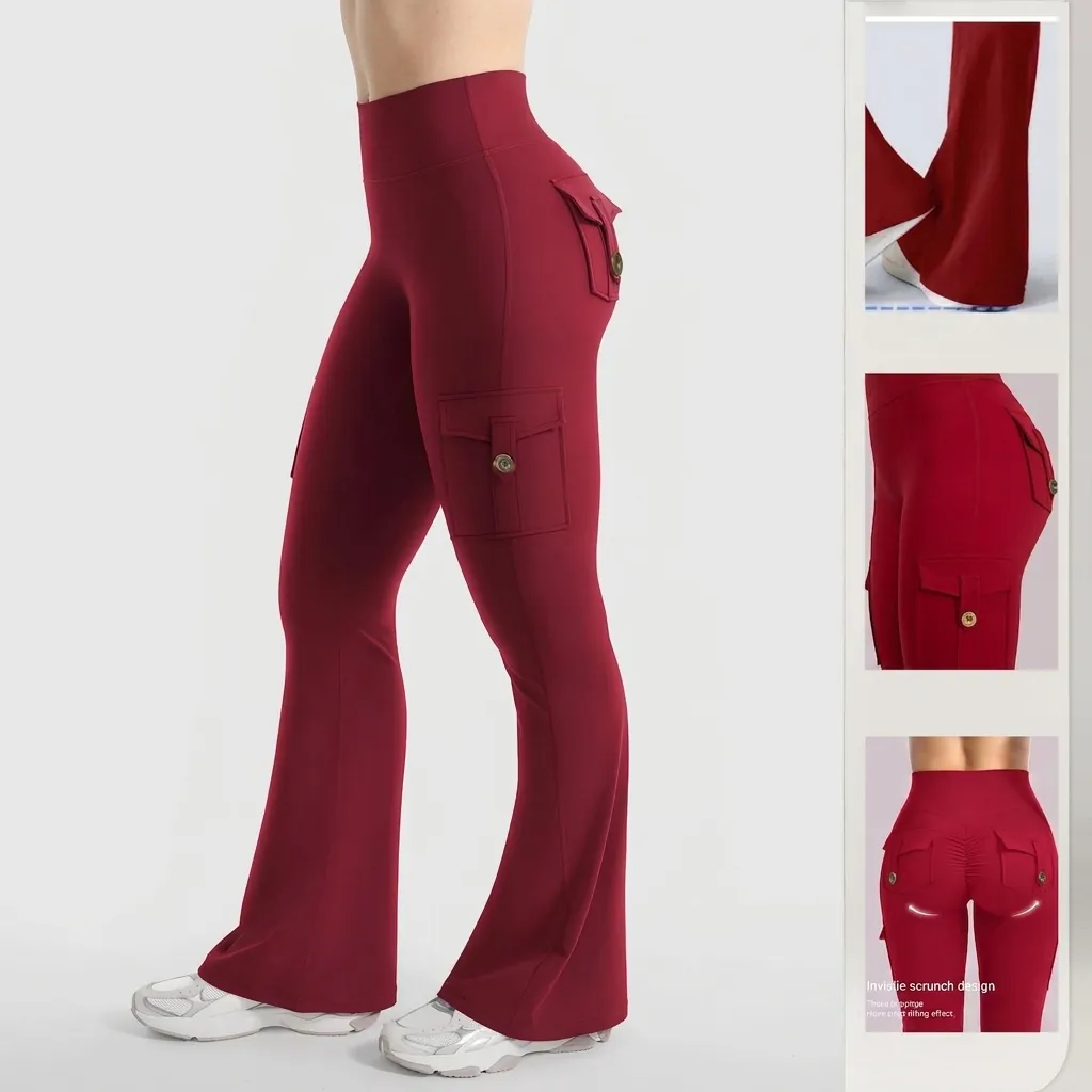 Pantalon de Yoga Évasé à Taille Haute avec Poches Cargo pour Femmes Leggings de Fitness Extensibles Galbants