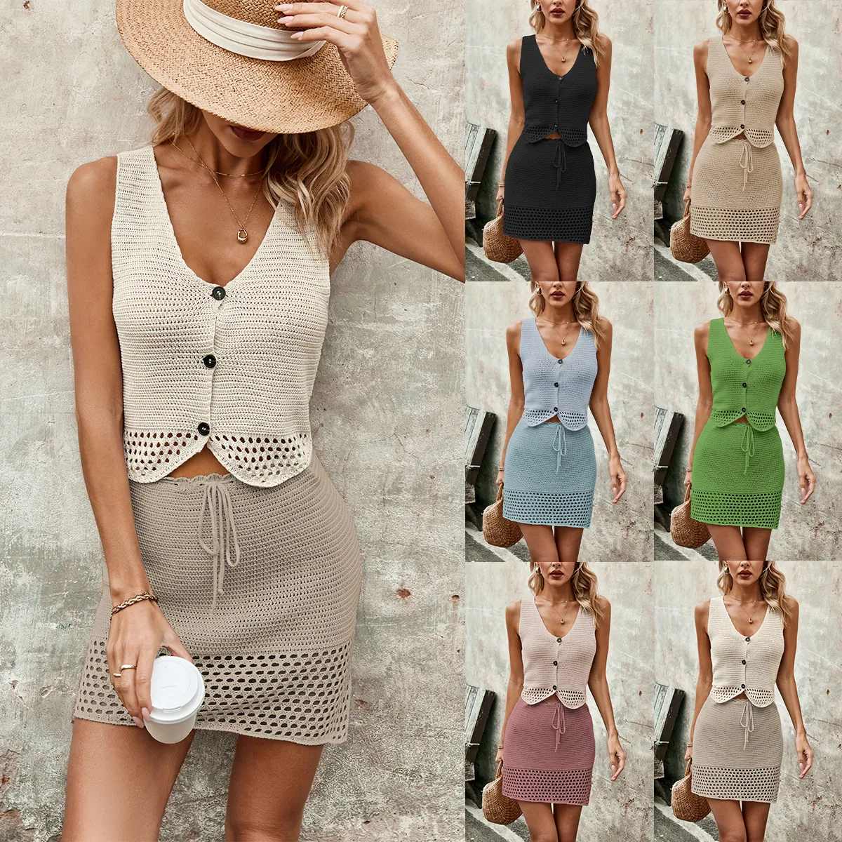 Women Crochet Knit Two Piece Set V-Neck Sleeveless Button Vest Top And Hollow Out Mini Skirt Set For Summer Vacation