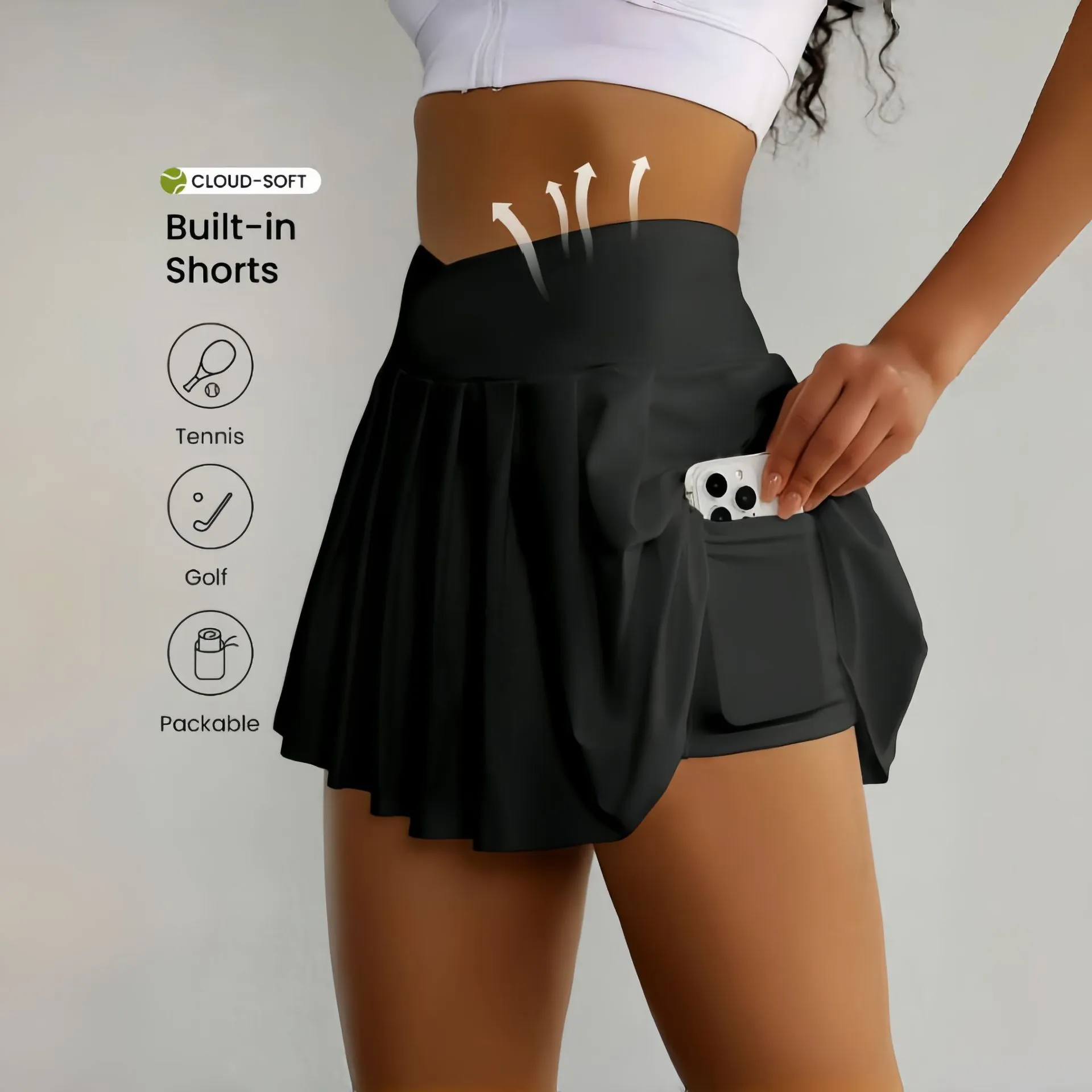 Women High Waist Crossover Athletic Skort Pleated Sports Skirt With Side Pockets For Tennis Golf Yoga Running Gym Workout Bottoms