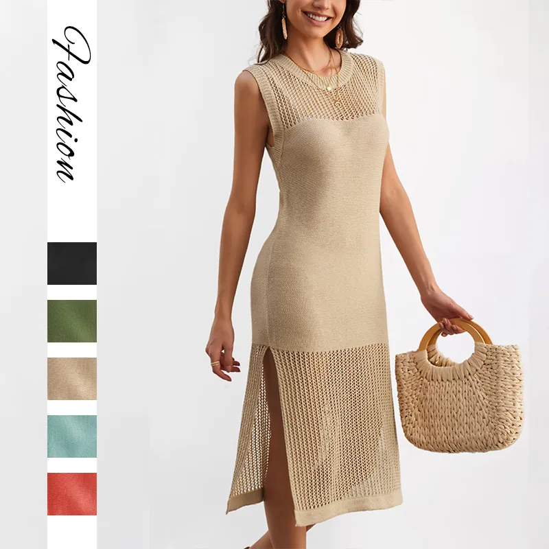Women's Hollow Out Knit Sleeveless Midi Dress Summer Beach Side Slit Viscose Vest Dress Casual Elegant Vacation Sundress