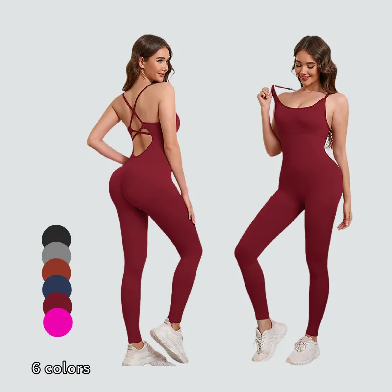 Women Seamless Cross Back Yoga Jumpsuit With Chest Pads One Piece Workout Bodysuit Fitness Dance Tight Romper