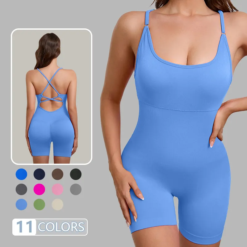 Combinaison de Yoga une Pièce pour Femmes Avec Coussinets Amovibles Dos Croisé Barboteuse de Gym Coupe Ajustée en Nylon et Élasthanne