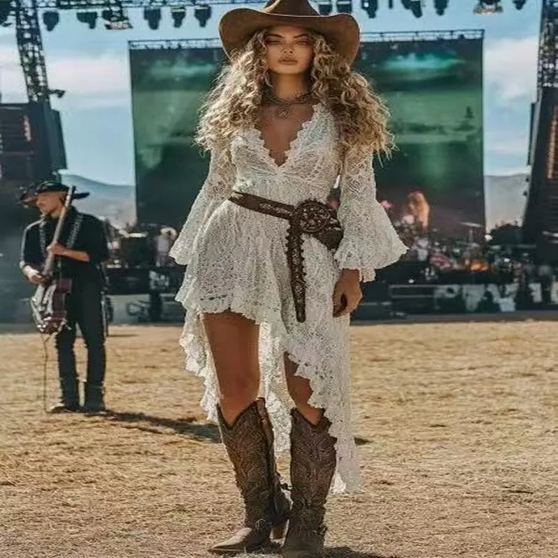 Damen Retro Western Festival Spitze Midi-Kleid Mit Unregelmäßigem Saum Bohemian V-Ausschnitt Glockenärmel Polyester Weißes Kleid