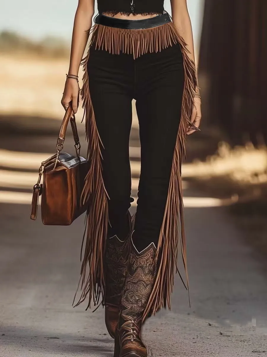 Damen Europäische Herbst Fransen Casual Hose Schwarz Schmale Passform Hohe Taille Bohemian Western Volle Länge Hose