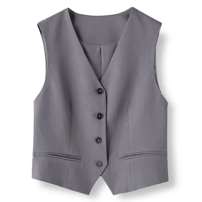 Chaleco de Traje Minimalista para Mujer Cuello en V Sin Mangas Botonadura Sencilla Oficina Casual Gris Negro Café Top