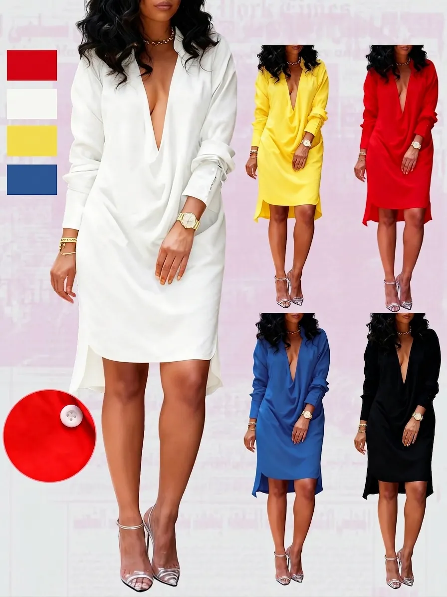 Sexy Deep V-Neck Solid Color Mini Dress For Women Long Sleeve Slim Fit Patchwork Club Party Nightclub Fashion Bodycon Dress