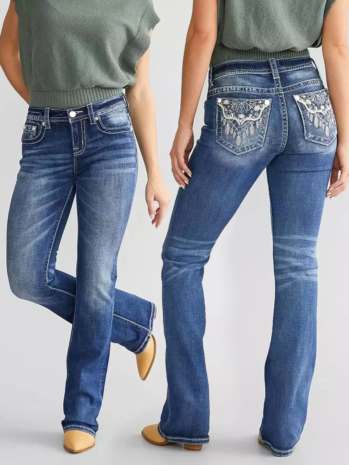 Jeans a Campana Ricamati da Donna Blu Scuro Elegante Vita Media Denim Lavato Pantaloni Bootcut Slim Fit Misto Cotone