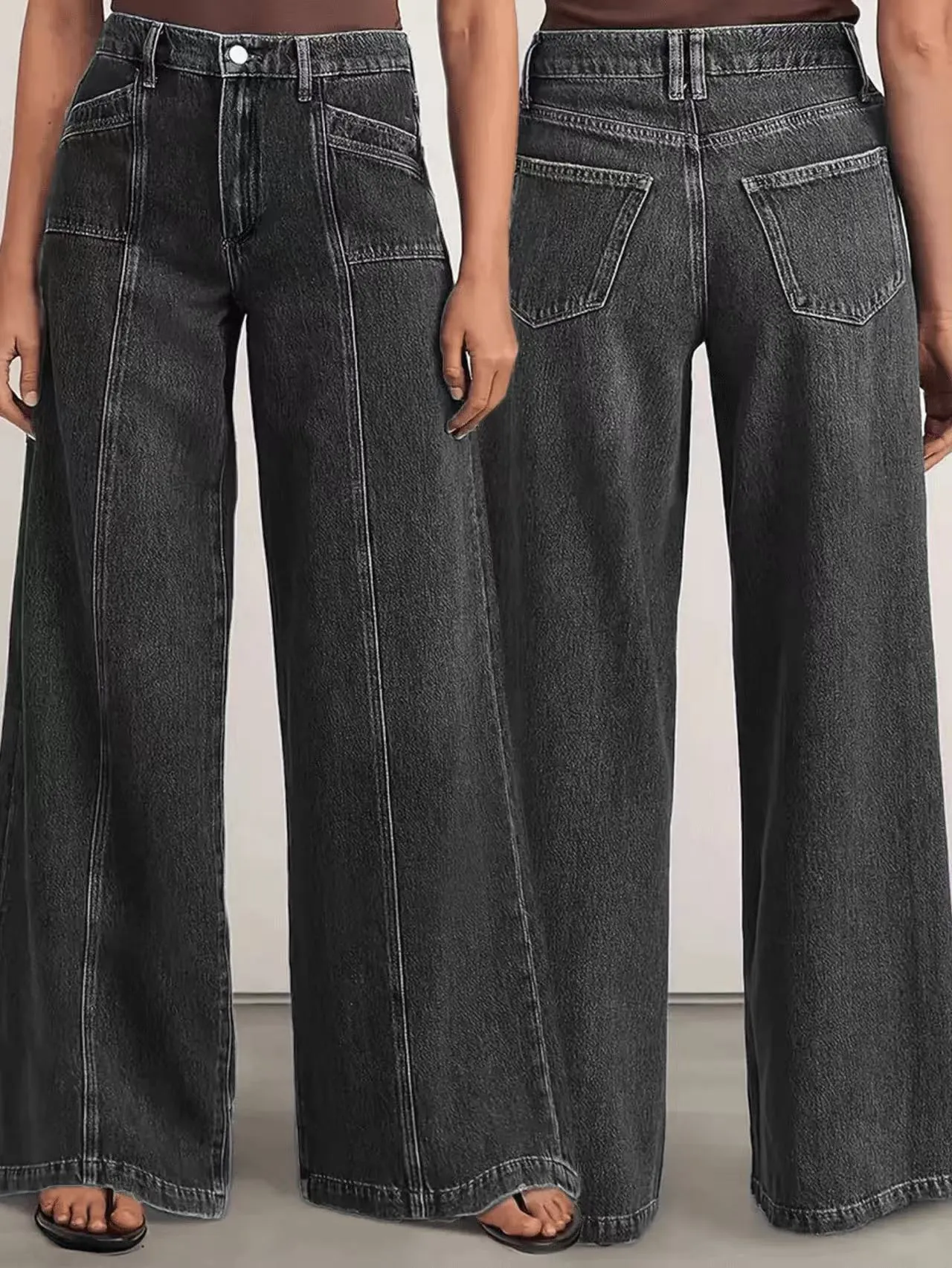 Jeans Femme Taille Haute Jambe Large Denim Lavé Mélange Coton Pantalon Droit Confortable Extensible Casual