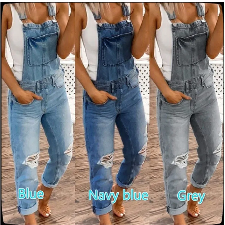 Women Denim Overalls Distressed Washed Slim Jumpsuit Sleeveless Streetwear Bib Pants With Pockets Cotton Overall Suit