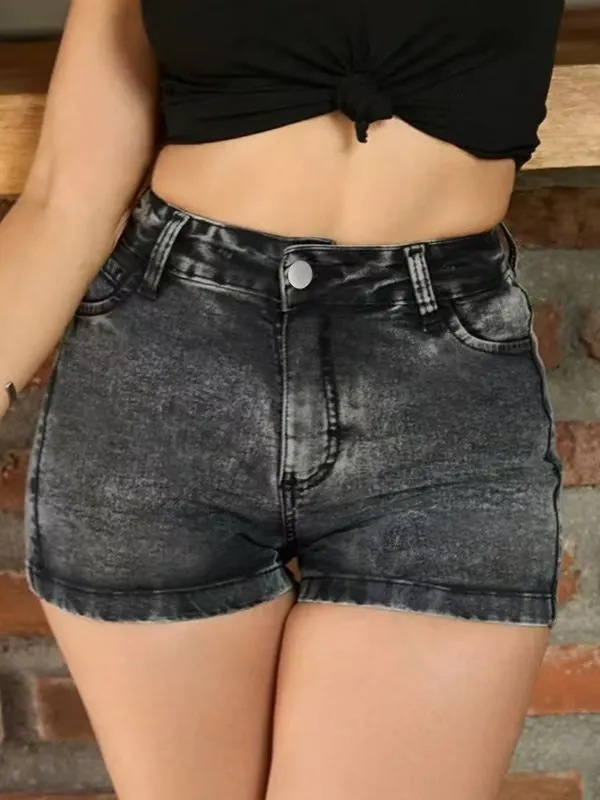 Pantaloncini di Jeans a Vita Alta da Donna Lavaggio Acido Casual Streetwear Misto Cotone Pantaloni Corti Estivi
