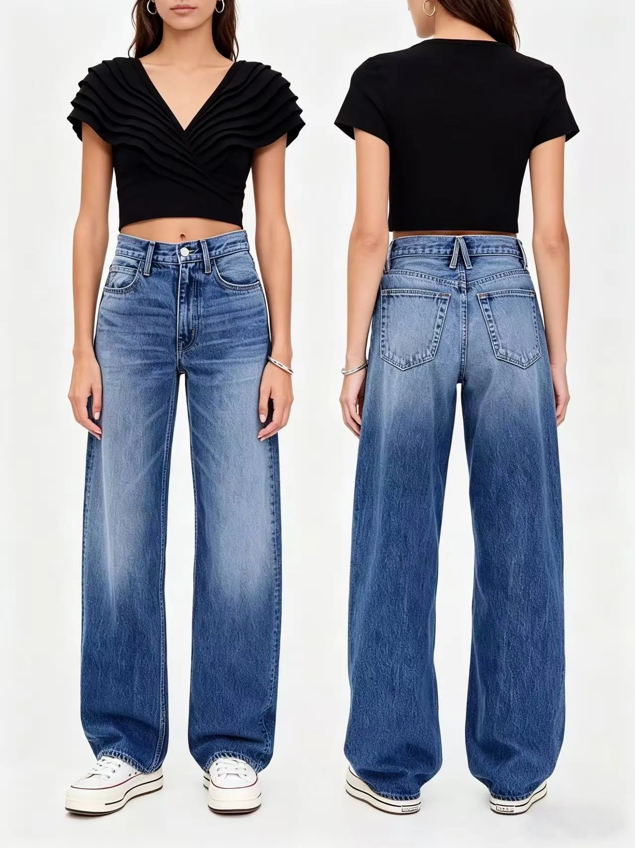 Jeans Large Taille Haute pour Femmes Décontracté Ample Denim Lavé Mélange de Coton Coupe Droite Pantalon Vintage