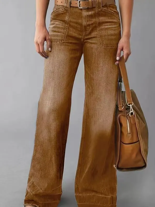 Pantalon en Jean à Taille Haute et Jambes Larges pour Femmes Mélange de Coton Lavé Décontracté Jean Droit Avec Poches
