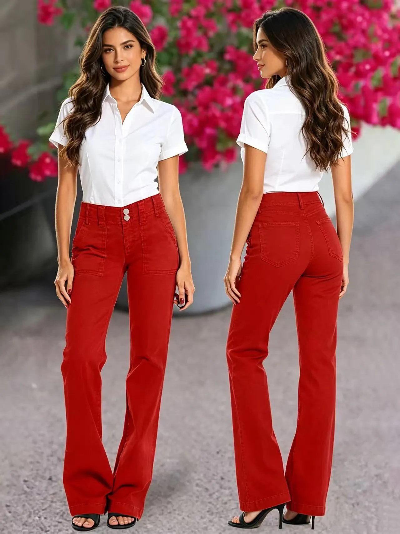 Jeans Femme Taille Haute Jambe Droite Double Bouton Poches Coton Polyester Denim Lavé Pantalon Décontracté Mode