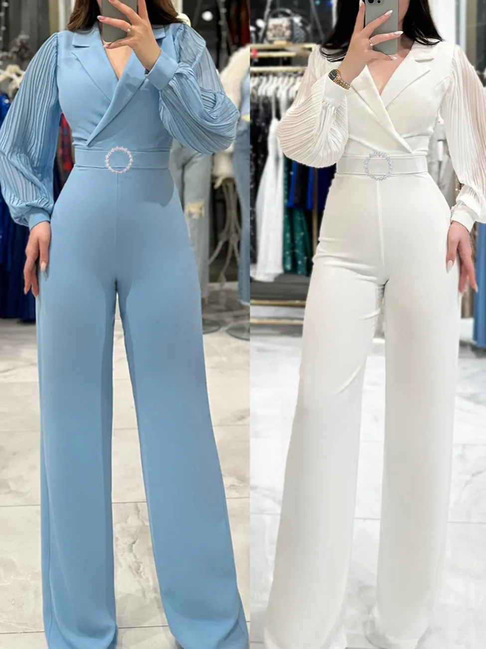 Women Elegant Pleated Long Sleeve Lapel Jumpsuit Slim Fit Solid Color Wide Leg One Piece Romper Autumn Winter Fashion Clothing
