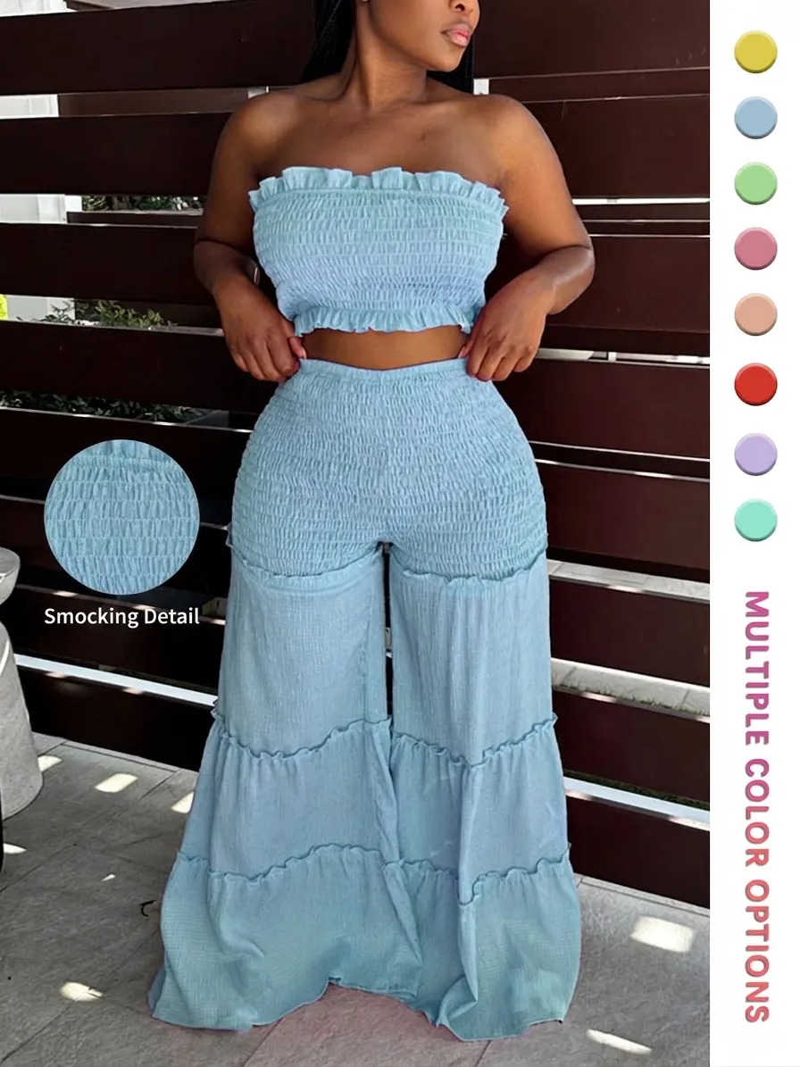 Conjunto Casual de Dos Piezas para Mujer Top Corto Palabra de Honor Fruncido y Pantalones de Pata Ancha con Volantes Trajes de Verano