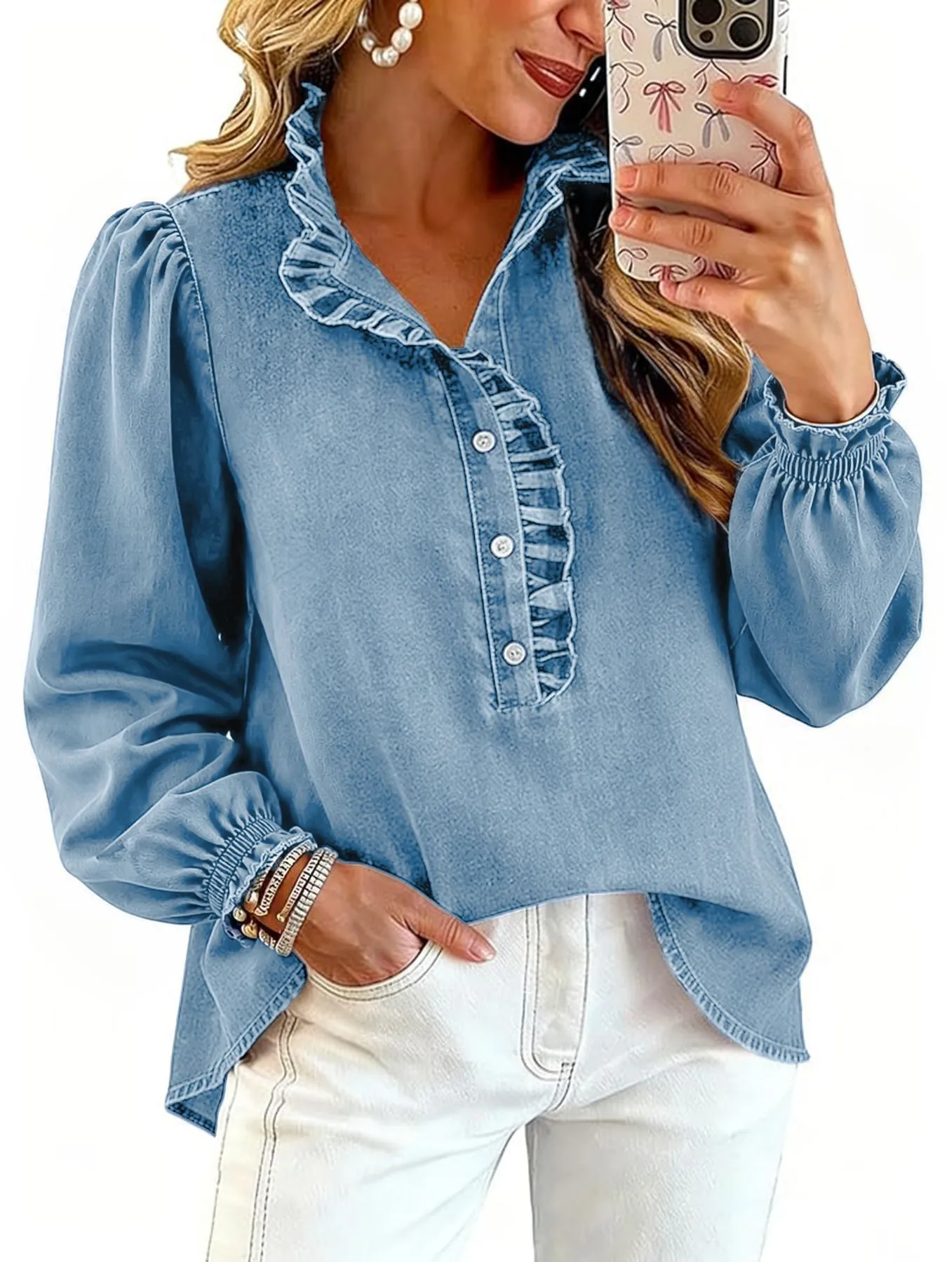Women's Casual Denim Shirt Ruffle Lapel Puff Sleeve Washed Cotton Blend Blouse Top For Women Daily Wear Western Style