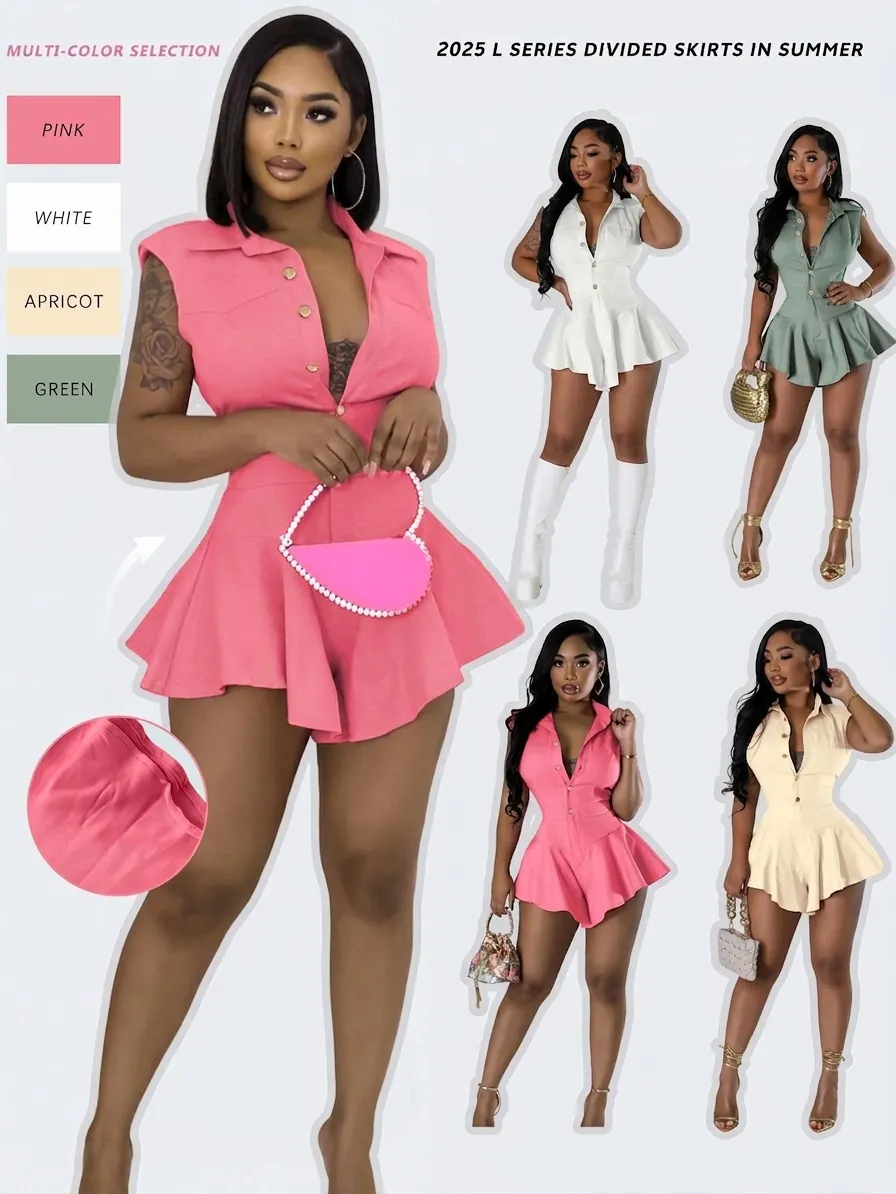 Women Sleeveless Button Lapel Ruffle Hem Romper Jumpsuit Polyester Slim Fit Casual Summer Dress Style Fashion One Piece