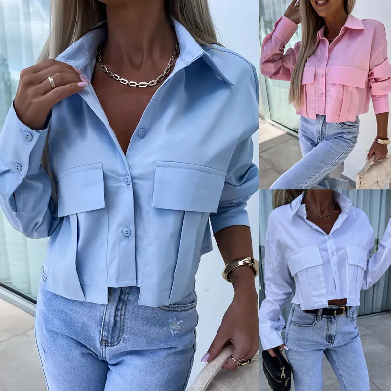 Women Batwing Sleeve Cropped Shirt Fashion Loose Solid Button Down Blouse Casual Cargo Pocket Lapel Long Sleeve Top