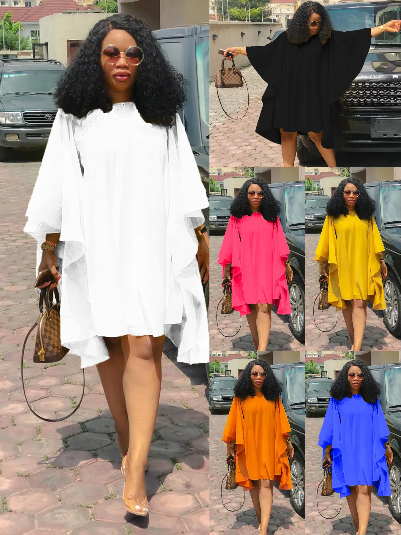 Robe Ample Plissée Manches Chauve-Souris Femme Élégante Couleur Unie Longueur Moyenne Matelassée Col Rond Décontractée Soirée