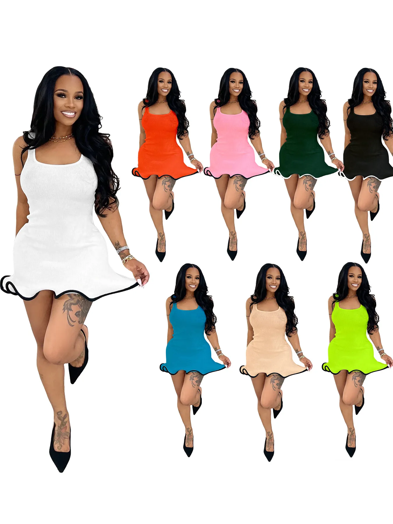 Women Summer Sexy Sleeveless Lettuce Hem Bodycon Ribbed Knit Mini Dress Solid Color U Neck Slim Fit Casual Party Sundress