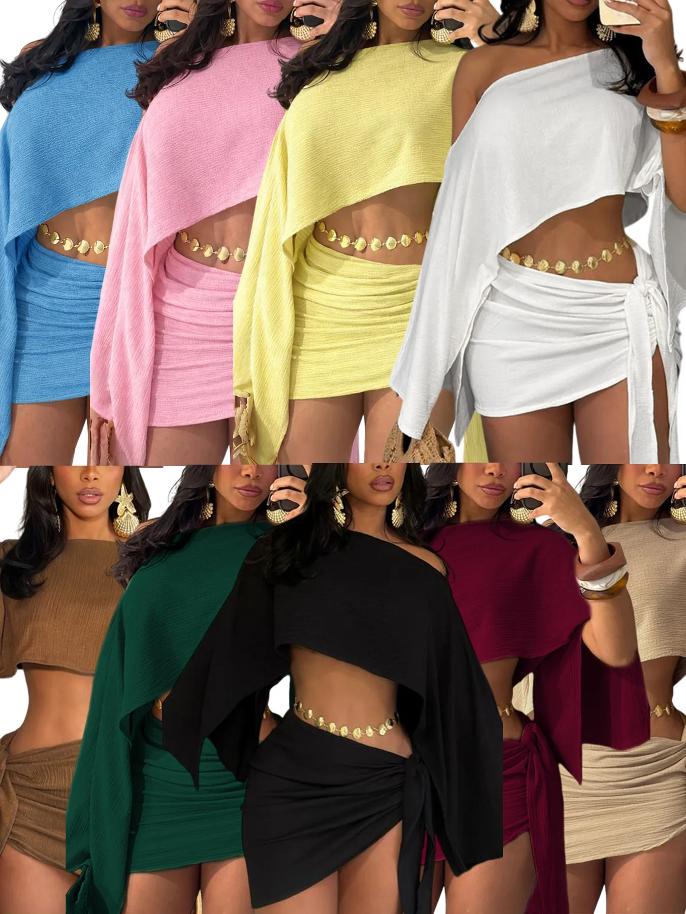 Women Elegant One Shoulder Long Sleeve Crop Top And Ruched Tie Mini Skirt Two Piece Outfits Vacation Clubwear Sets