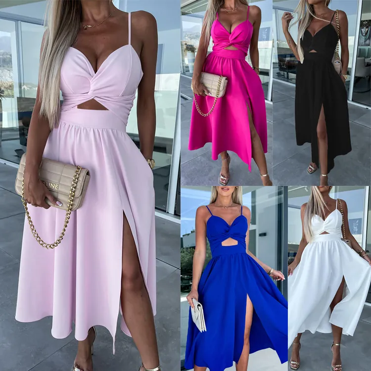Damen Elegant Spaghettiträger Midi Kleid Sexy V Ausschnitt Cut Out Twist Vorne Hoher Schlitz Großer Swing Einfarbig Pendler Party Kleid