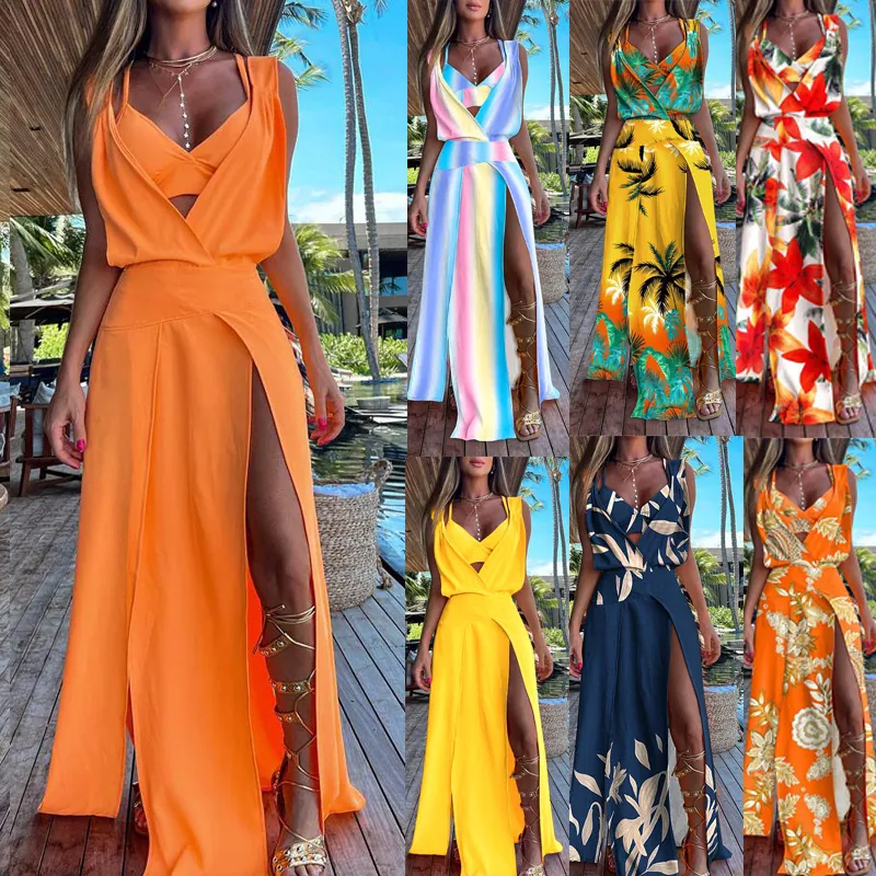 Women Tropical Floral Printed Top And Bottom Resort Style High Slit Backless Maxi Dress For Summer Vacation Beach Wear
