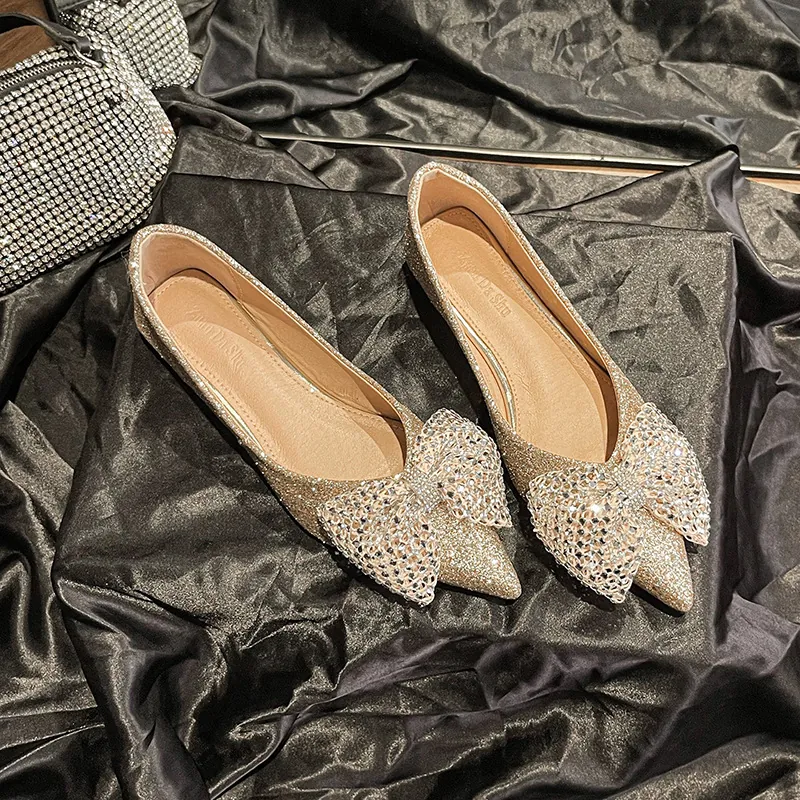 Women Pointed Toe Flats with Sparkling Sequin Rhinestone Bow Elegant Wedding Shoes Glitter Banquet Dress Shoes Gold Silver
