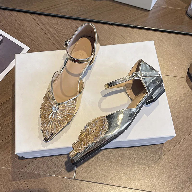 French Style Rhinestone Pointed Toe Low Heel Pumps For Women Ankle Strap Hollow Out Banquet Party Sparkly Dress Shoes