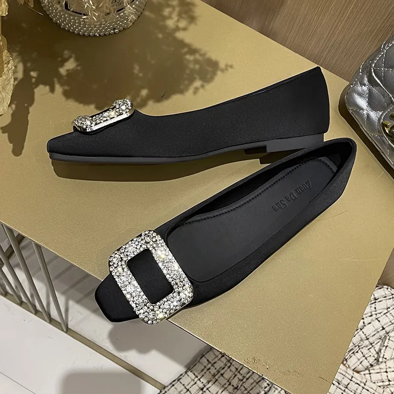 Damen Satin Quadratische Zehe Flache Schuhe Strass Quadratische Schnalle Elegante Ballett-Flats Niedriger Absatz Abendparty Hochzeitsschuhe