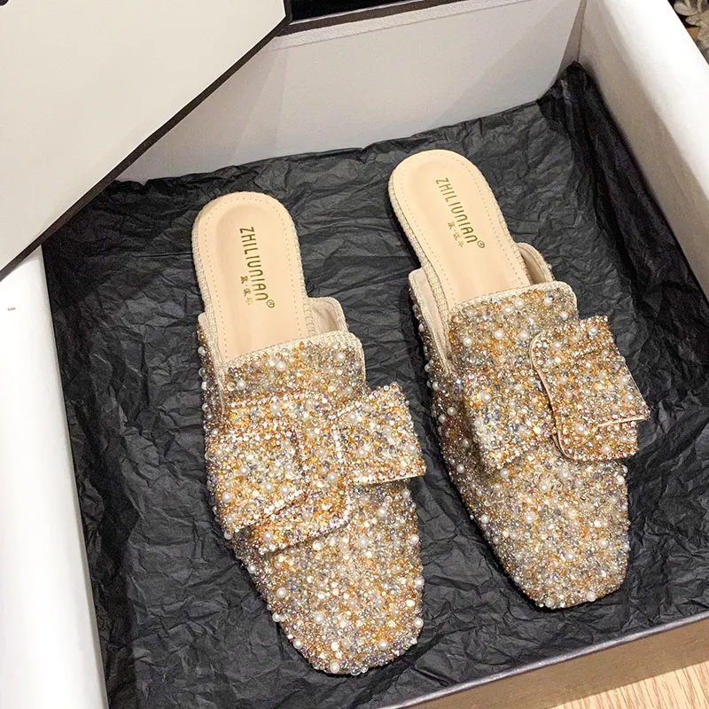 Women's Flat Mules Pointed Toe Linen Rhinestone Artificial Pearl Square Buckle Slip-On Mules Fashion Casual Summer Slides