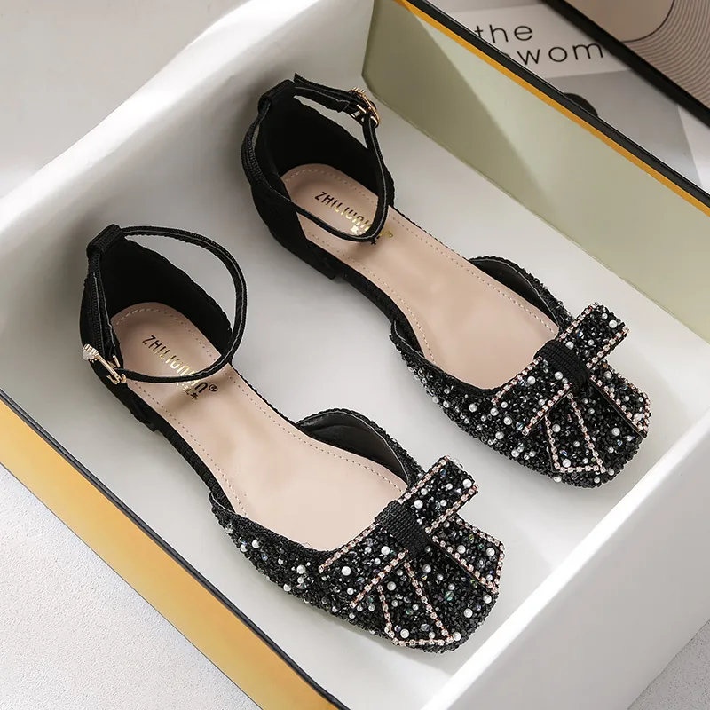 Women Rhinestone Square Toe Ballet Flats Bowknot Ankle Strap Canvas Shoes Comfortable Shallow Mouth Flats Plus Size