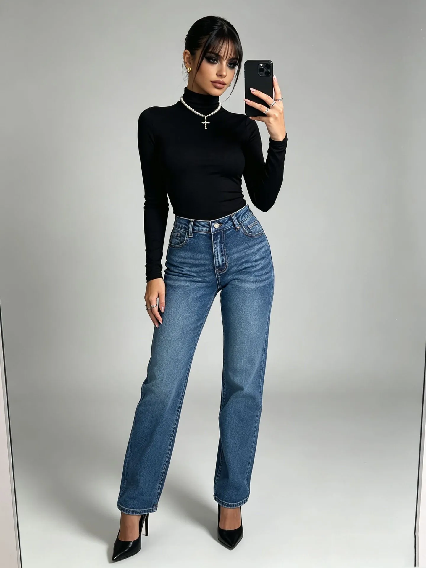 Women American Basic Washed Elastic Straight Denim Jeans Slim Fit Full Length Cotton Blend Trousers Bottoms