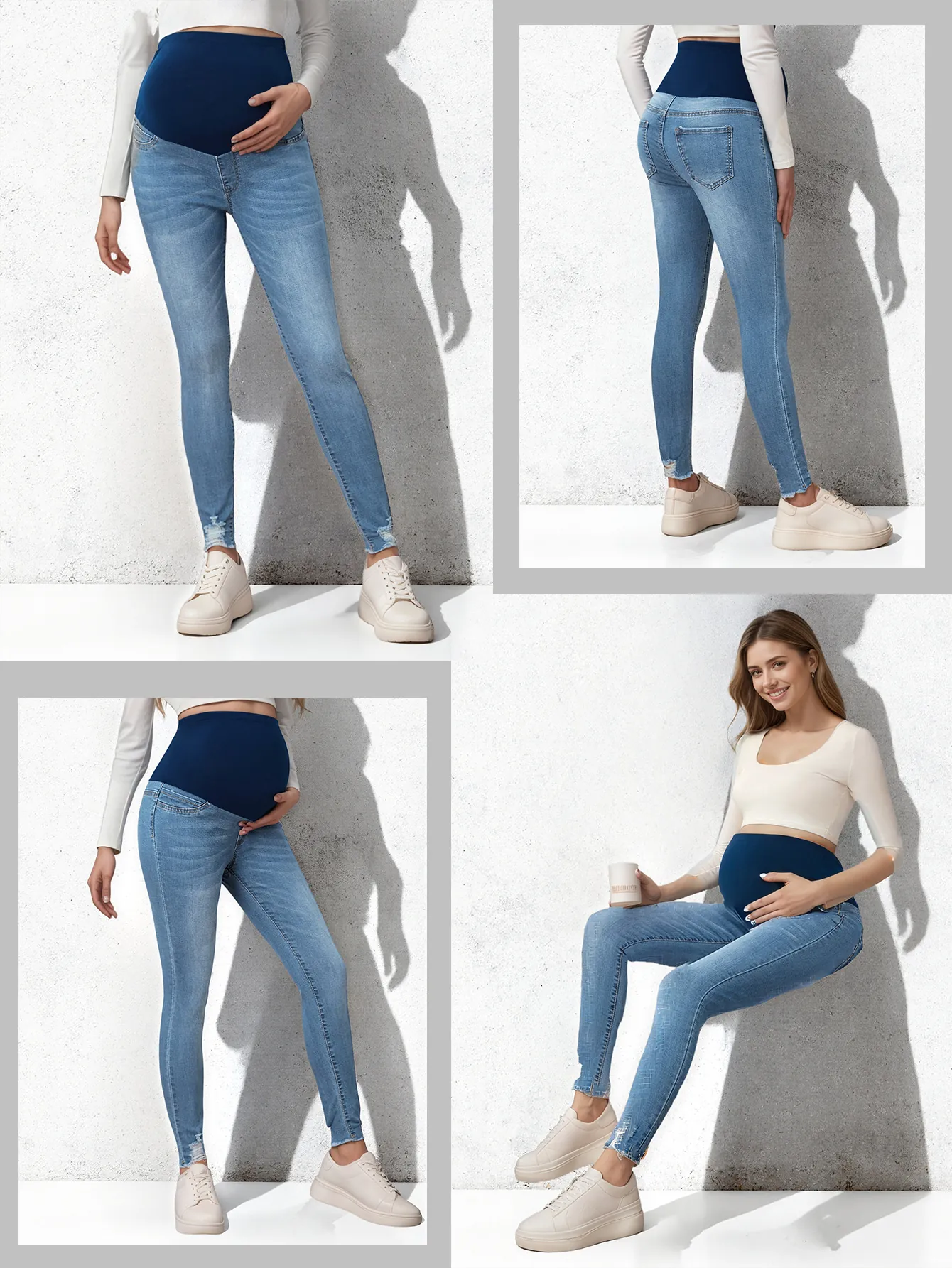 Maternity Skinny Denim Jeans High Elastic Belly Support Slim Fit Washed Distressed Light Blue Pregnant Women Casual Pants