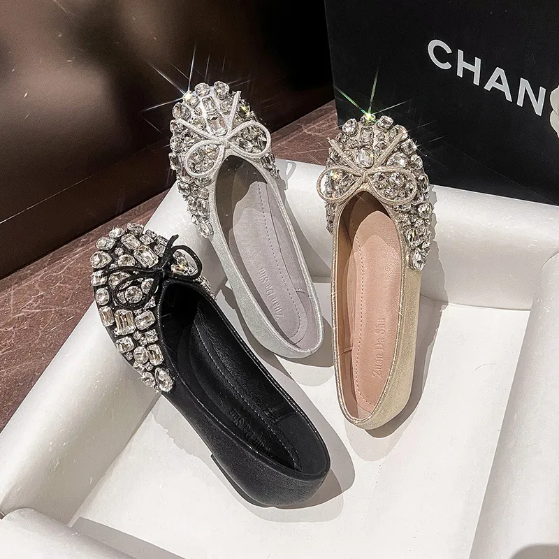 Damen Strass Schleife Ballerinas Süßer Feenstil Weiche Sohle Flache Schuhe Bequeme Slip On Halbschuhe