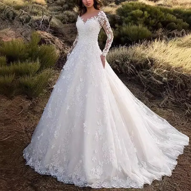 Elegant V Neck Long Sleeve Floral Lace Wedding Dress For Women Heavy Embroidery Large Train Bridal Evening Gown Dress
