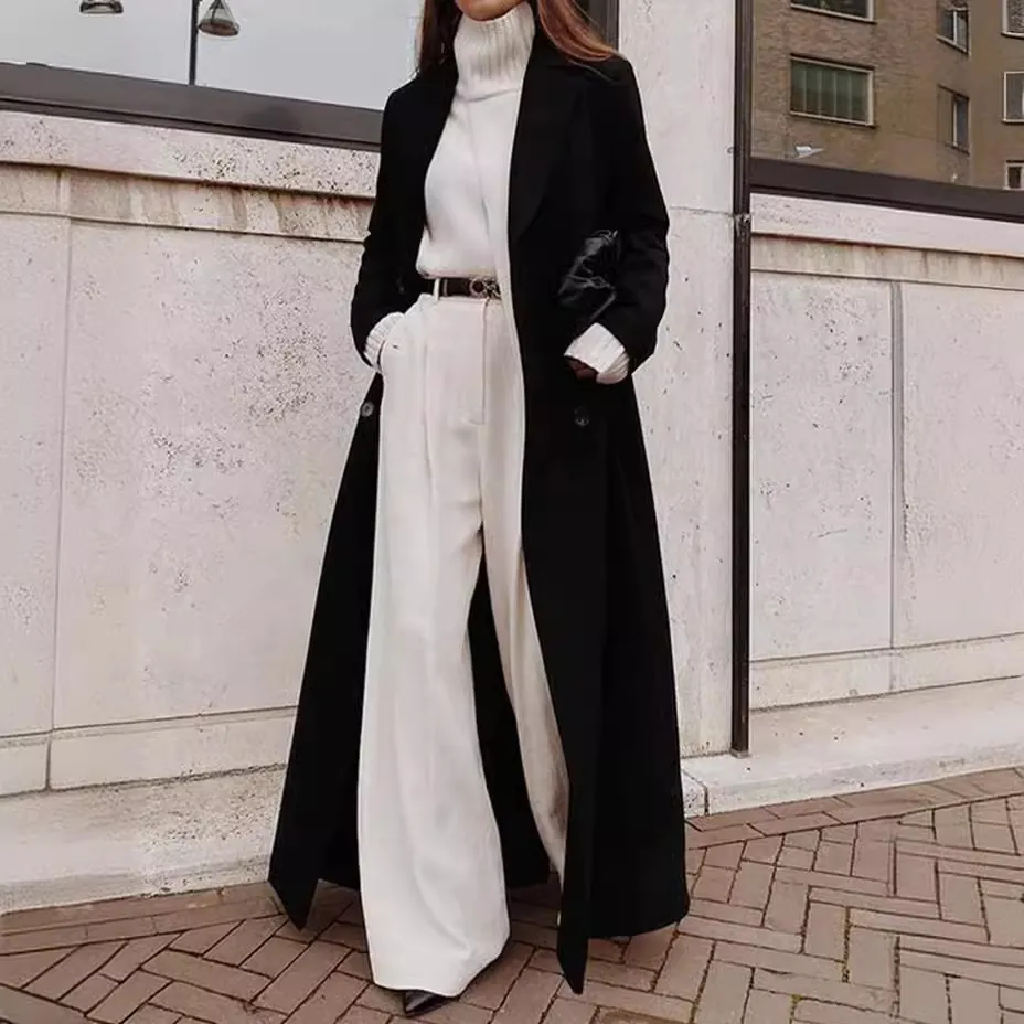 Women's Elegant Cashmere Long Woolen Coat Solid Color Lapel Single Breasted Warm Fall Winter Outerwear Overcoat Top