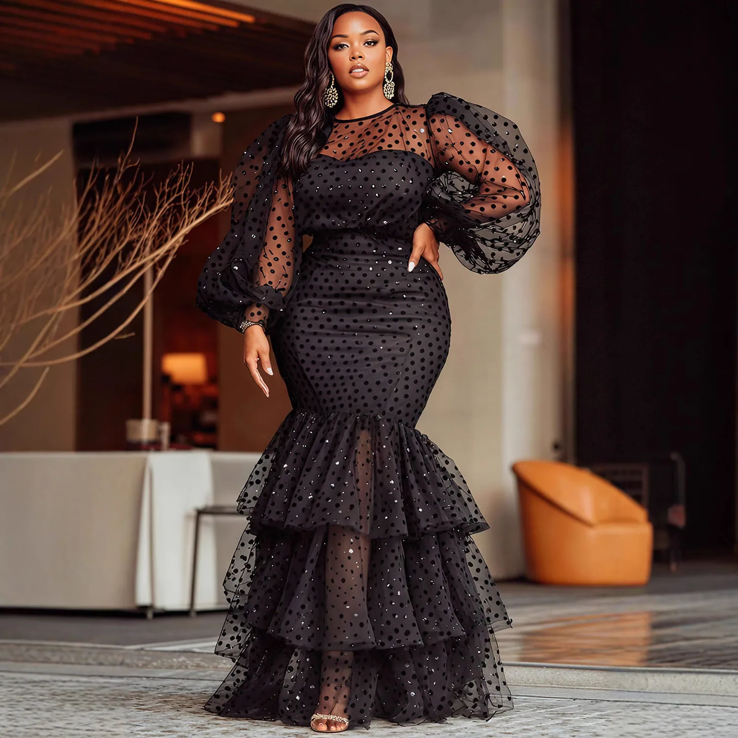 Women Plus Size Flocking Polka Dot Mesh Dress Puff Sleeve Mermaid Hem Sexy Elegant Embroidered Party Banquet Evening Dress