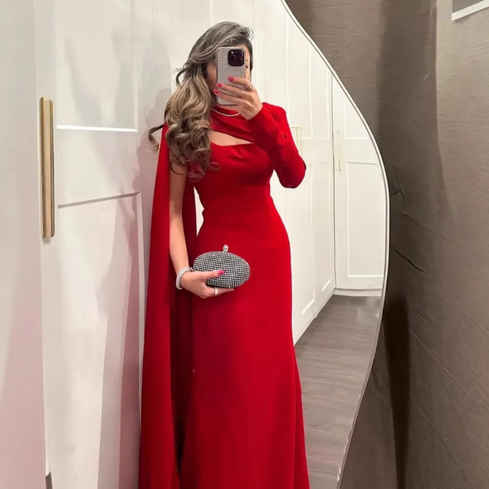 Dames Elegante Rode One Shoulder Avondjurk Sexy Bodycon Cutout Maxi Jurk Met Cape Mouw Voor Bruiloft Feest Formeel Evenement