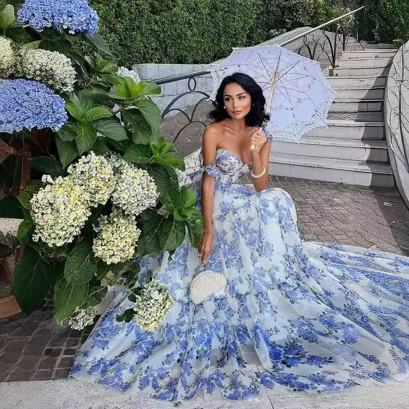 Women's Elegant Organza Floral Long Dress Ethereal Tiered Evening Gown With Bow Shoulder Straps French Vintage Midi Dress
