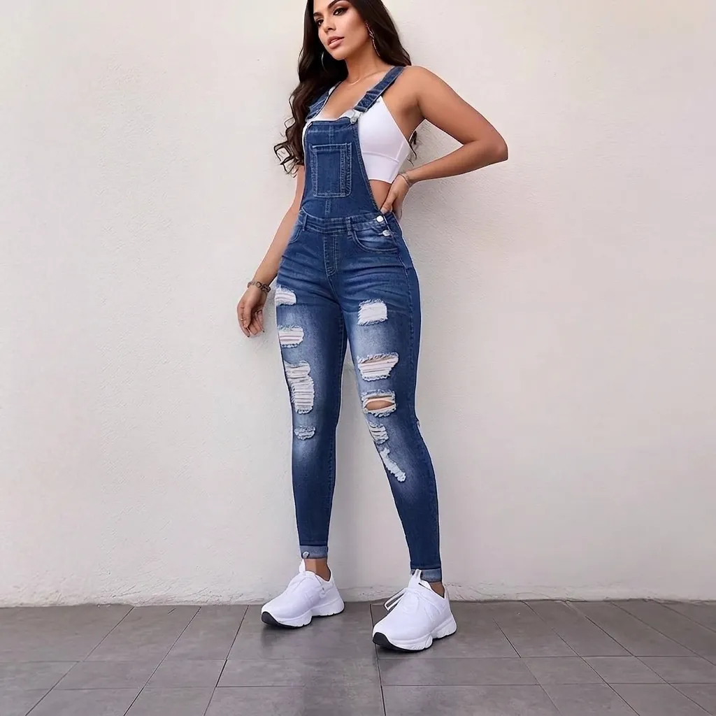 Women Denim Overalls Distressed Ripped Slim Fit Jumpsuits High Stretch Skinny Pencil Bib Pants Washed Blue Overalls