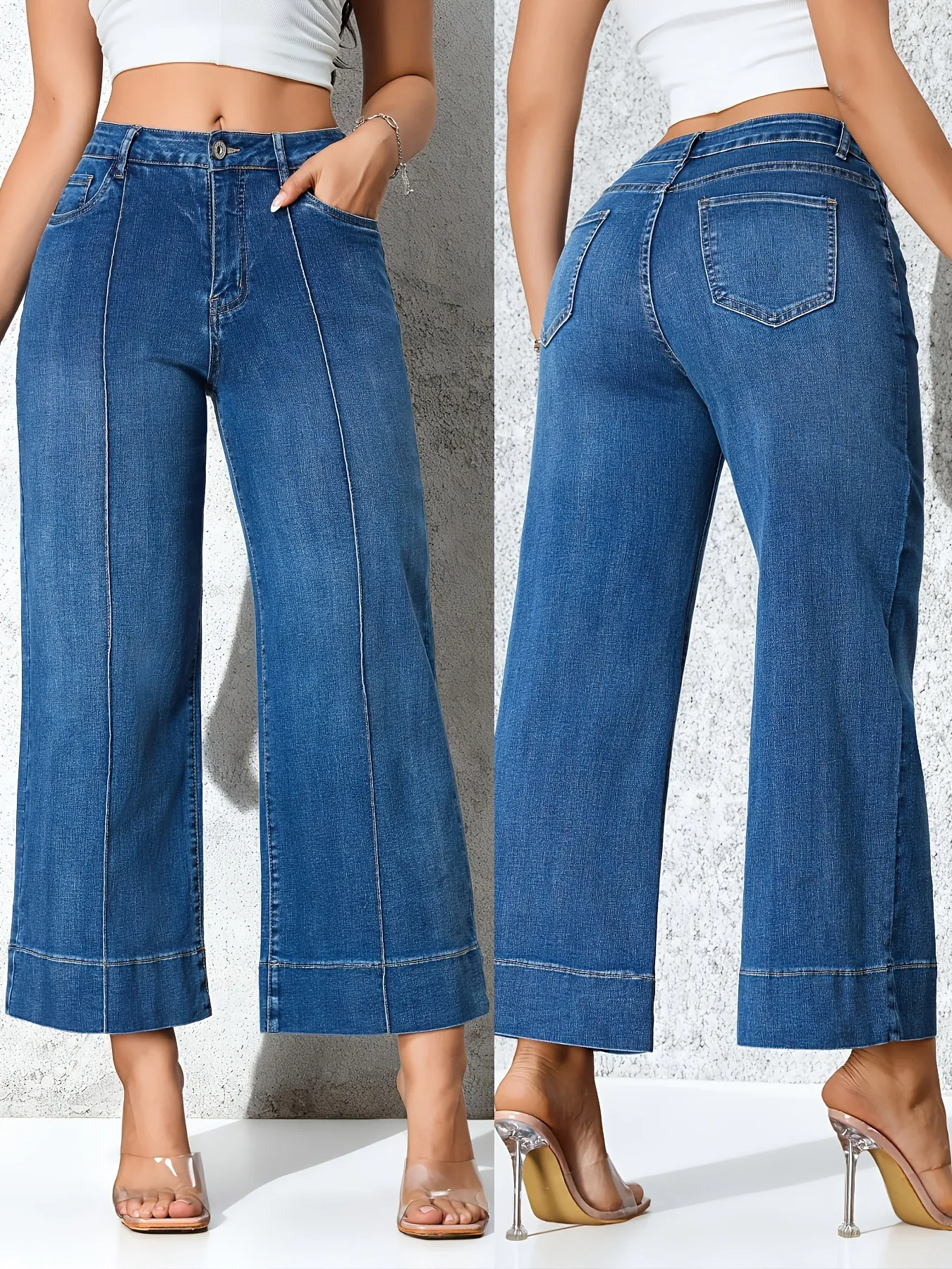 Vaqueros de Mezclilla de Pierna Ancha y Cintura Alta para Mujer Costura Central Pantalones de Algodón Lavado Azul Cielo